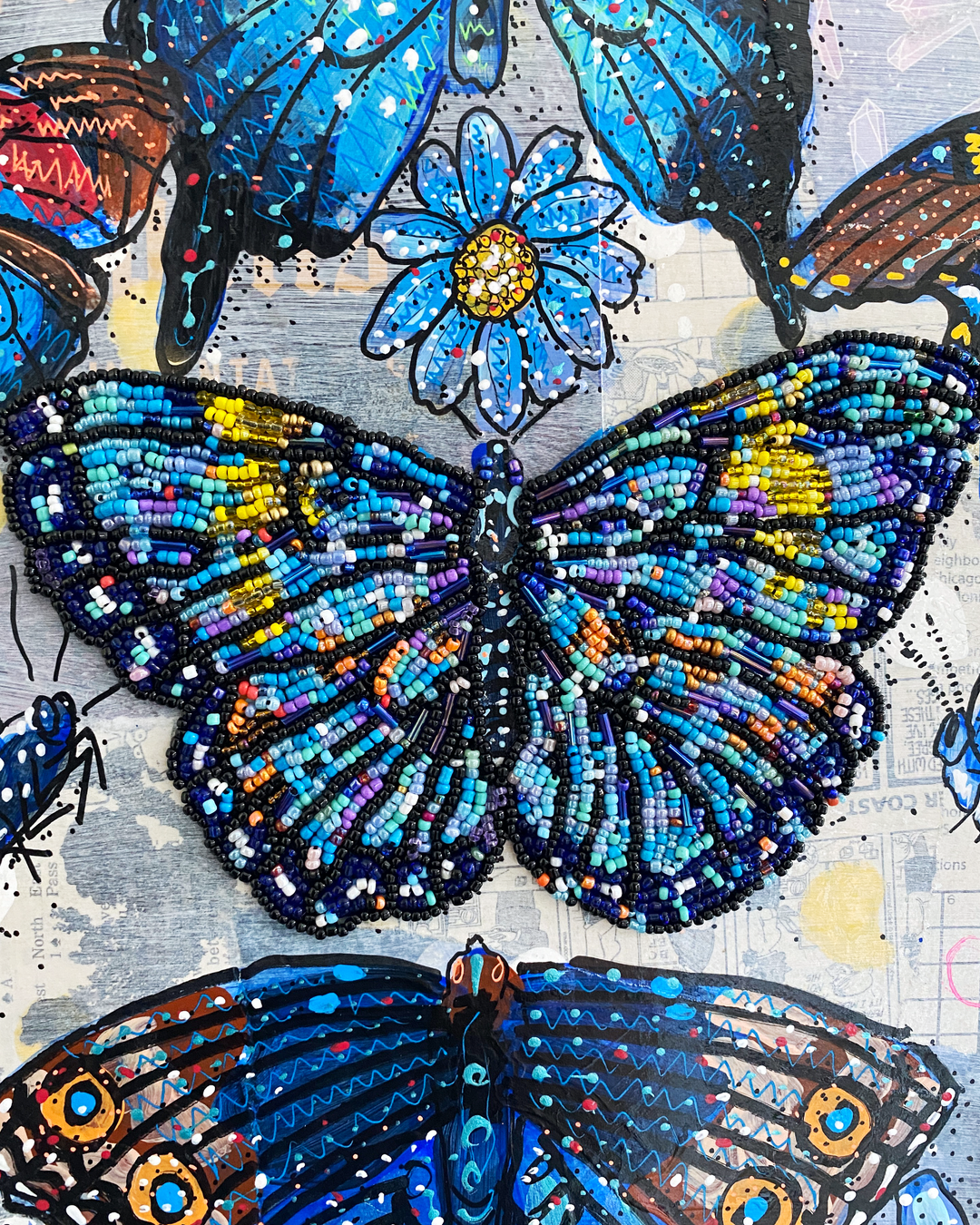 Specimen Blue - Painting With Beaded Butterfly Embellishment - Heather Freitas 