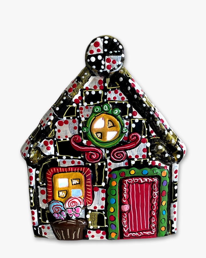 The Gingerbread House Black , White & Brass Hand Painted Ceramic LED Christmas Village House - Heather Freitas 