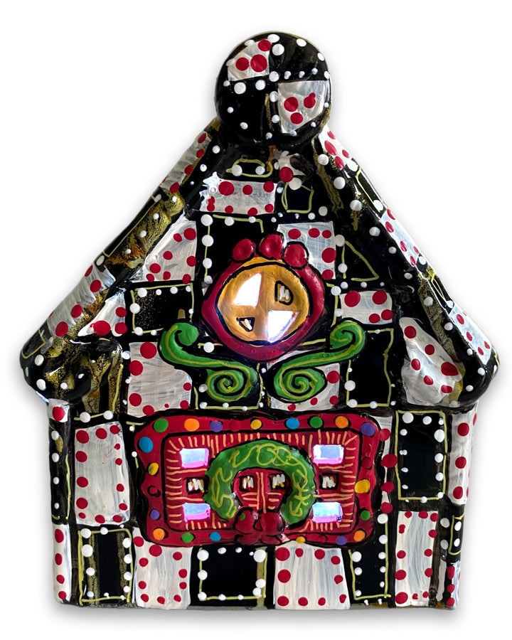 The Gingerbread House Black , White & Brass Hand Painted Ceramic LED Christmas Village House - Heather Freitas 