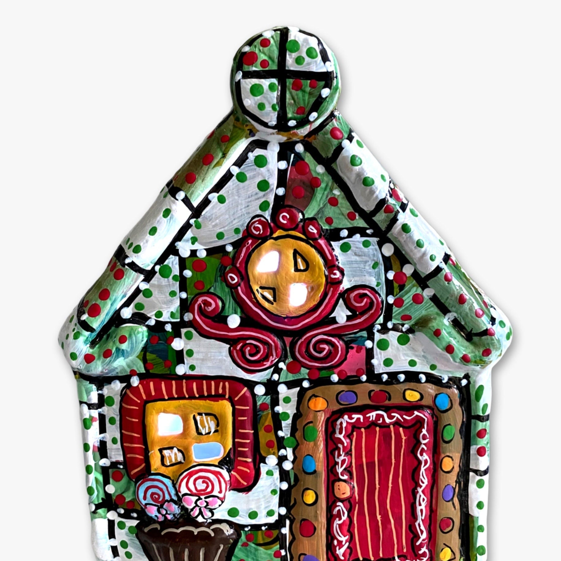 The Gingerbread House Green & White Hand Painted Ceramic LED Christmas Village House - Heather Freitas 