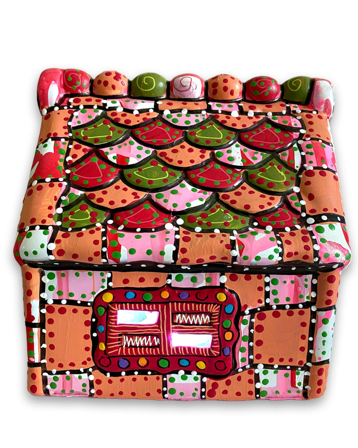 The Gingerbread House Pink & Peach Hand Painted Ceramic LED Christmas Village House - Heather Freitas 